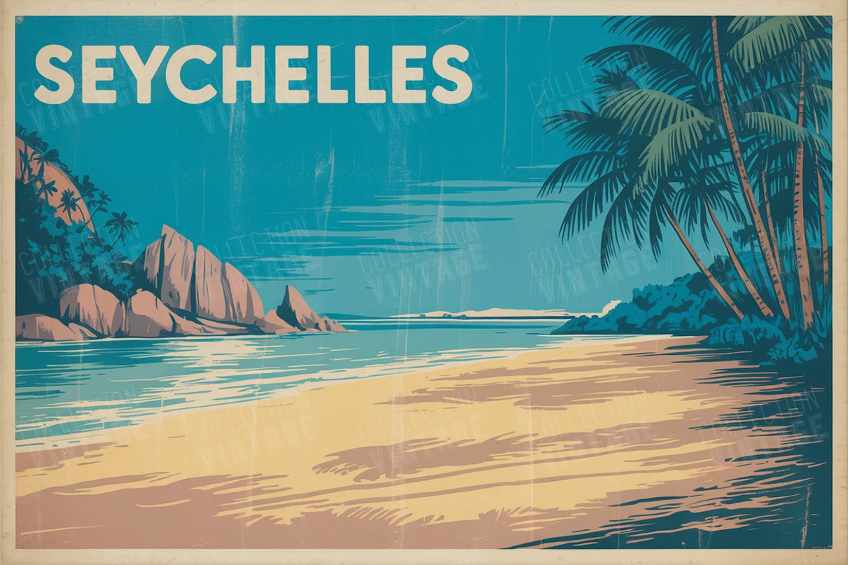 affiche seychelles palmiers vintage