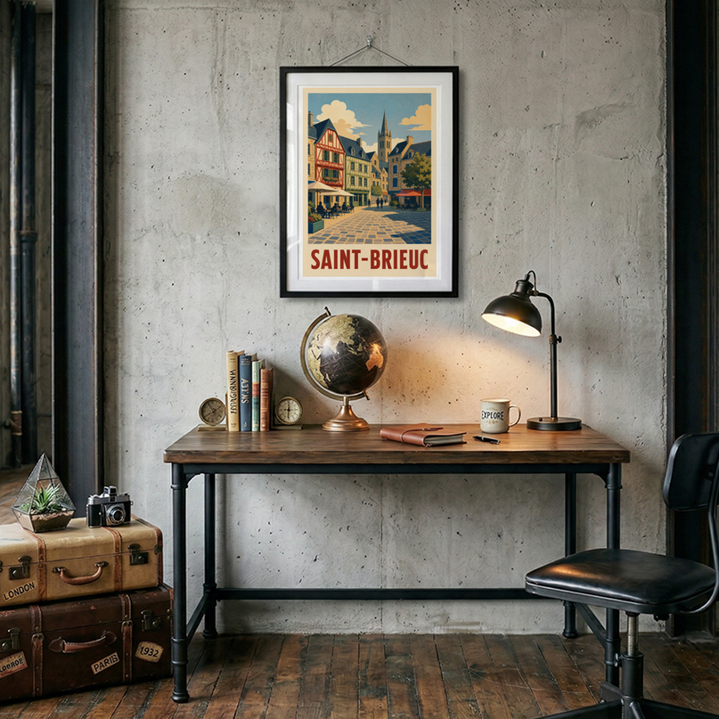 affiche saint-brieuc illustration détaillée du centre-ville