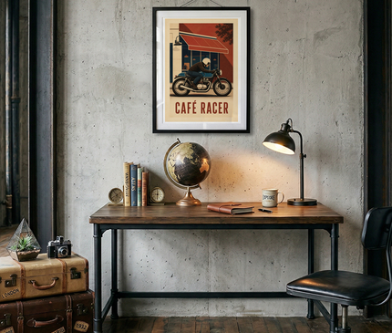 affiche publicitaire moto cafe retro