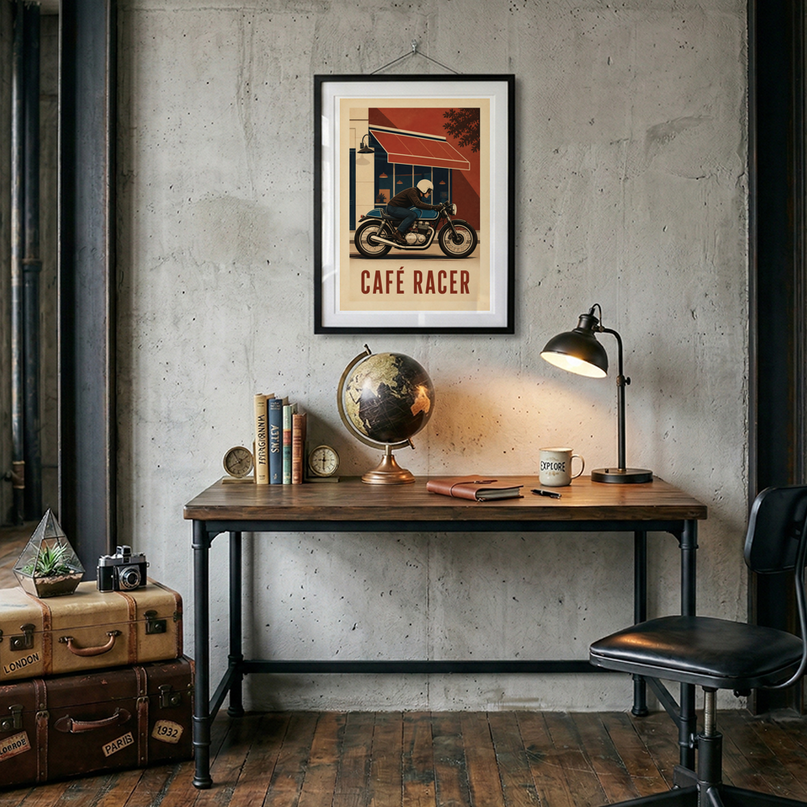 affiche publicitaire moto cafe retro