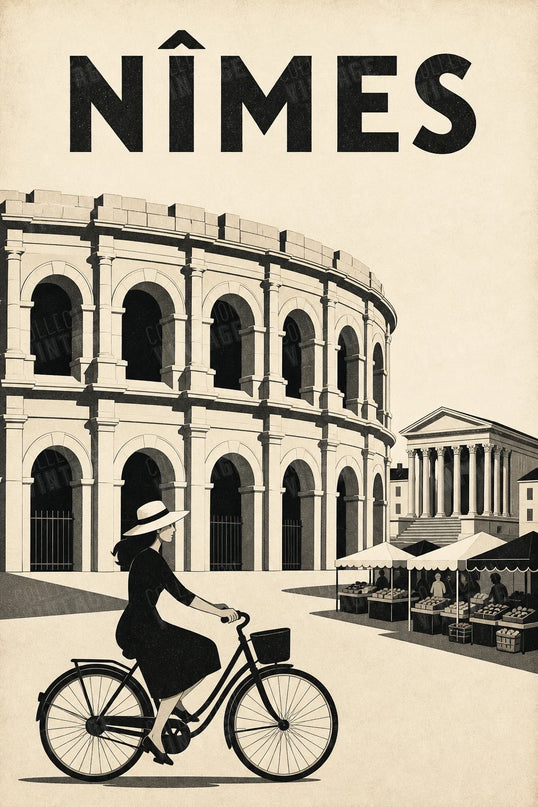 affiche nîmes en noir et blanc rétro