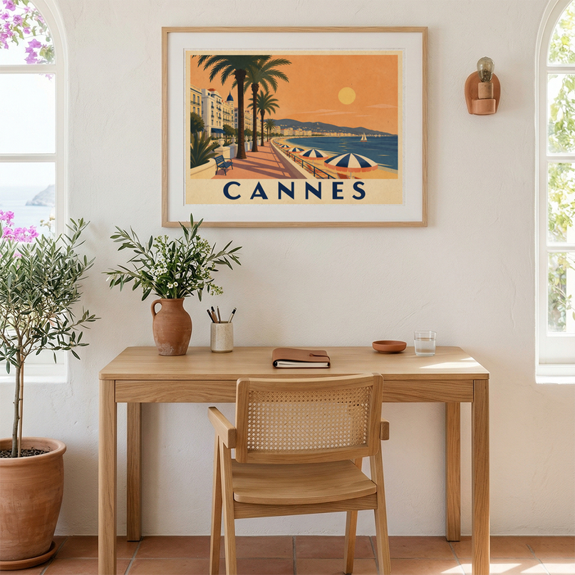 affiche vintage cinéma en bord de mer cannes