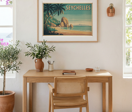 affiche seychelles dessin vintage couleur sepia
