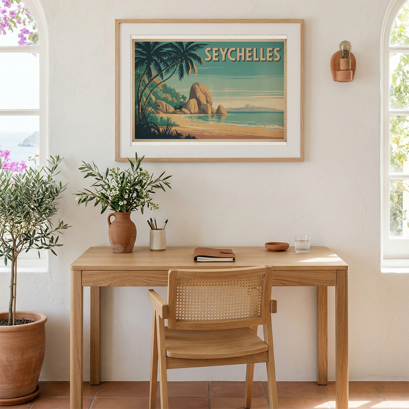 affiche seychelles dessin vintage couleur sepia