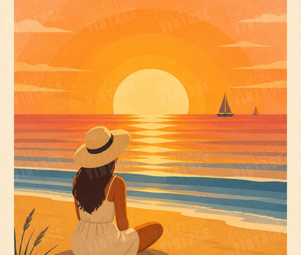 Affiche coucher de soleil sur la côte dorée et femme au repos