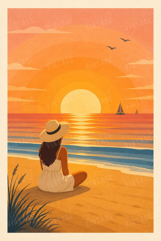 Affiche coucher de soleil sur la côte dorée et femme au repos