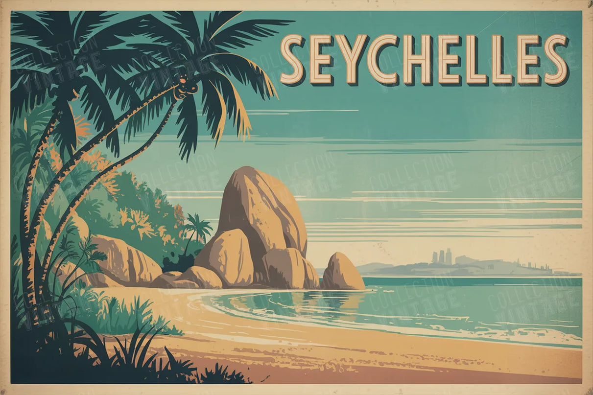 affiche seychelles dessin vintage couleur sepia