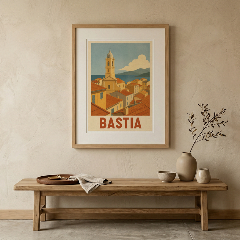 affiche bastia clocher et toits illustration