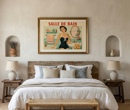 Affiche salle de bain fifties et femme élégante rétro