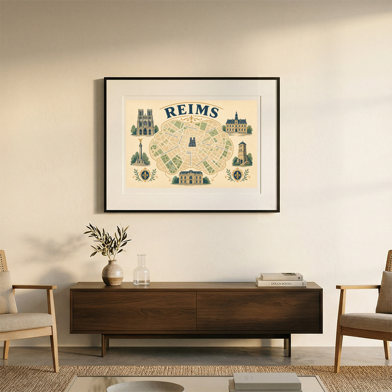 affiche reims plan ancien décoratif