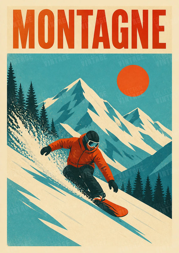 affiche station snowboard vintage