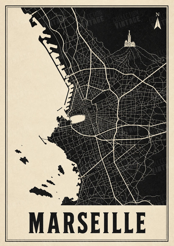 affiche carte marseille noir et blanc