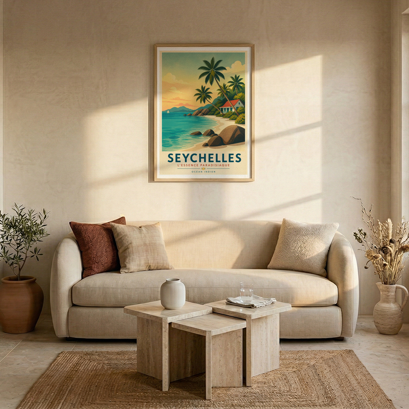 affiche seychelles paysage tropical vintage