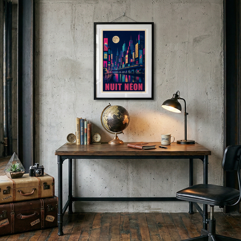 affiche japonaise ville lumineuse retro