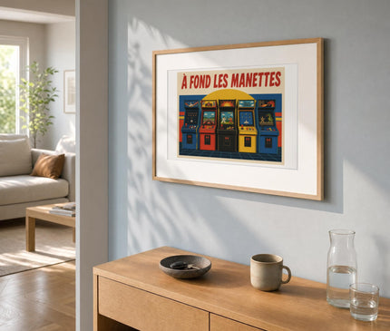 affiche salle de jeux rétro – mise en situation dans un salon