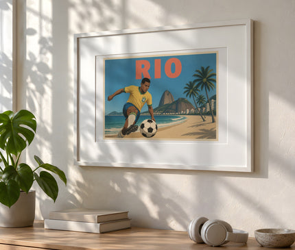 affiche foot plage rio vintage – mise en situation dans une chambre