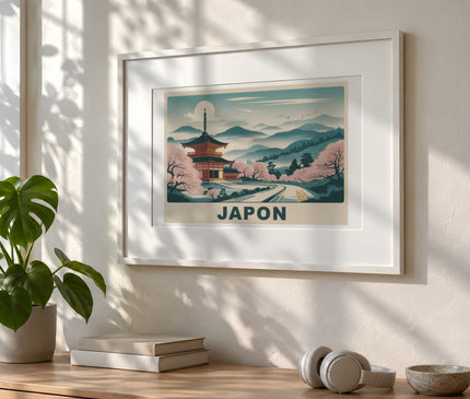 Poster japon paysage vintage – mise en situation dans une chambre