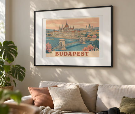 Affiches budapest ligne continue dessin – mise en situation dans un salon