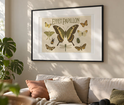 affiche papillons et insectes vintage – mise en situation dans un salon