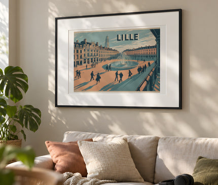 Affiche lille aquarelle vintage – mise en situation dans un salon