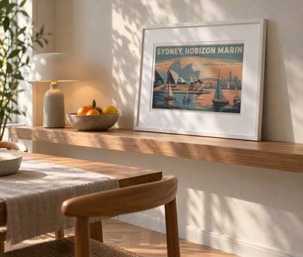 Affiche sydney horizon marin vintage – mise en situation dans une salle à manger