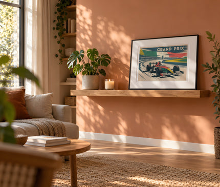 Affiche grand prix f1 composition typographie et voiture – mise en situation dans un salon