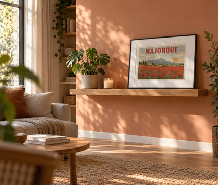 affiche champs de coquelicots majorque – mise en situation dans un salon