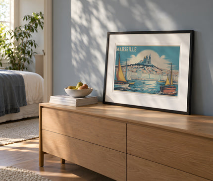 Affiche ville marseille minimaliste – mise en situation dans une chambre