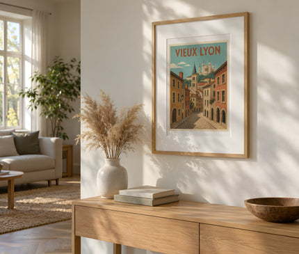 affiche vieux lyon vintage – mise en situation dans un salon
