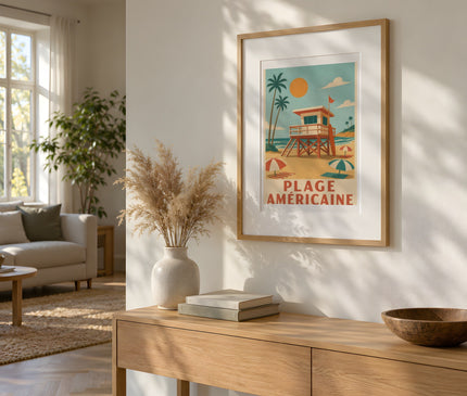 Affiche plage amerique vintage – mise en situation dans un salon