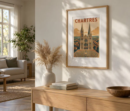 Affiche vintage Chartres cathédrale – mise en situation dans un salon