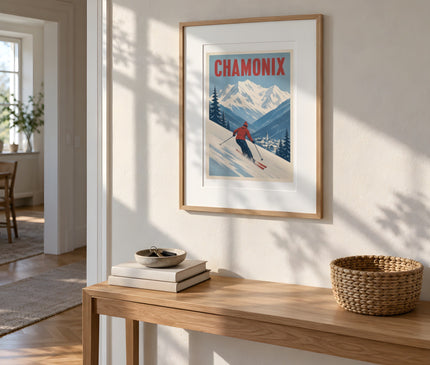 affiche chamonix ski vintage – mise en situation dans une entrée