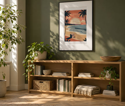 Affiche couché de soleil plage Malibu – mise en situation dans un bureau