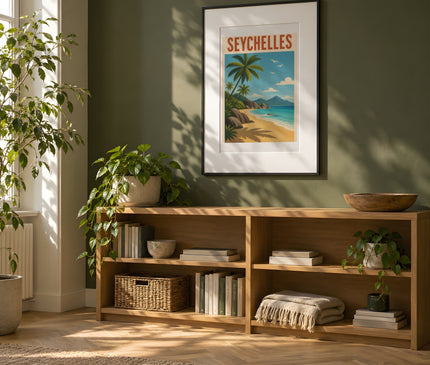 Affiche Vintage Seychelles Plage – mise en situation dans un bureau