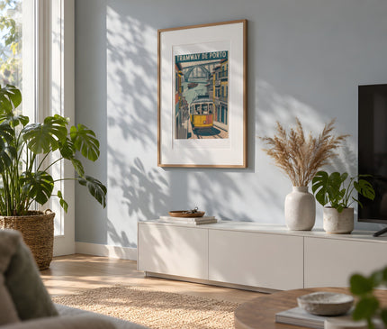 Affiche Tramway de Porto Vintage – mise en situation dans un salon