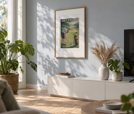 Affiche duo de golfeurs vintage – mise en situation dans un salon