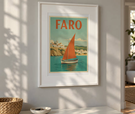 affiche faro portugal vintage – mise en situation dans un salon
