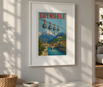 Affiche grenoble typographique rétro – mise en situation dans un salon