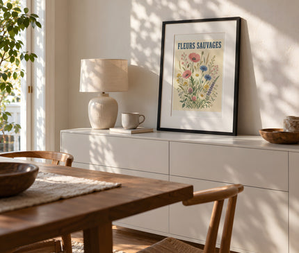 affiche fleurs sauvages de france vintage – mise en situation dans une salle à manger