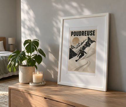 affiche freeride snowboard vintage – mise en situation dans une chambre