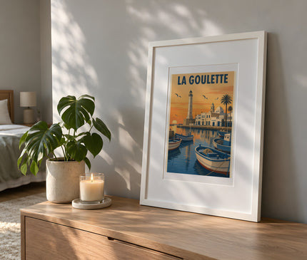 Affiche port de la goulette vintage – mise en situation dans une chambre
