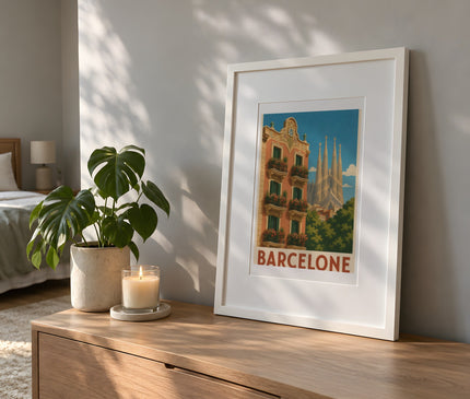 Affiche barcelone façade colorée – mise en situation dans une chambre