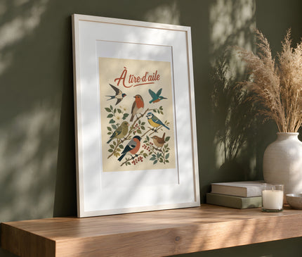 affiche oiseaux du jardin vintage – mise en situation dans un bureau