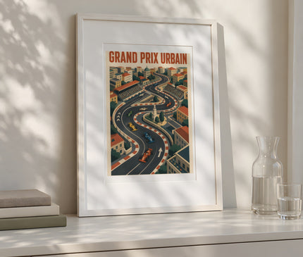 Affiche illustration vue aerienne circuit urbain – mise en situation dans une chambre