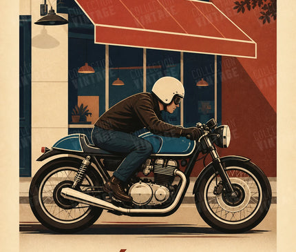 affiche publicitaire moto cafe retro