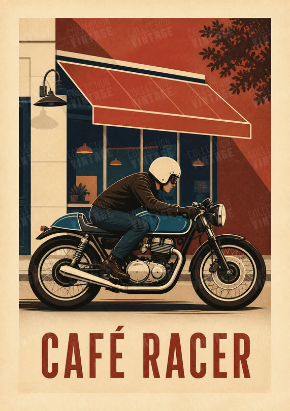 affiche publicitaire moto cafe retro