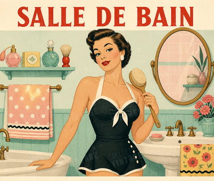 Affiche salle de bain fifties et femme élégante rétro