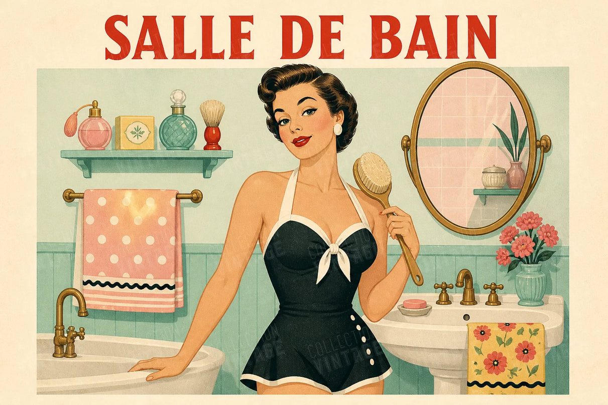 Affiche salle de bain fifties et femme élégante rétro