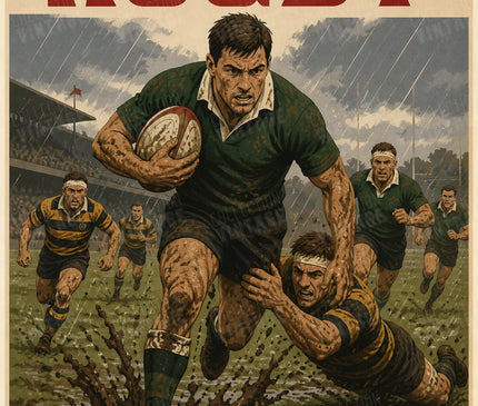 affiche rugby pluie et boue vintage