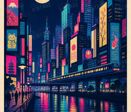 affiche japonaise ville lumineuse retro